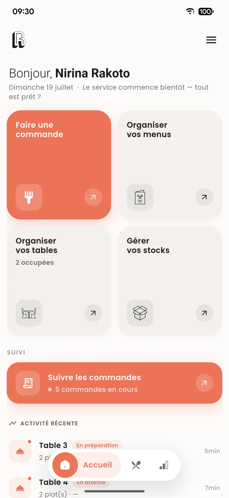 Écran d'accueil de Restoako : faire une commande, organiser les menus, les tables et les stocks