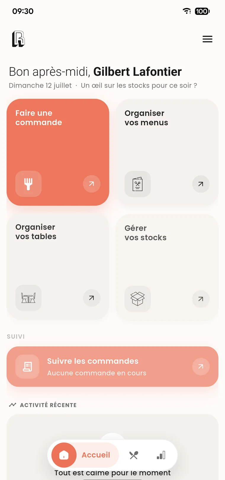 Écran d'accueil de Restoako : faire une commande, organiser les menus, les tables et les stocks