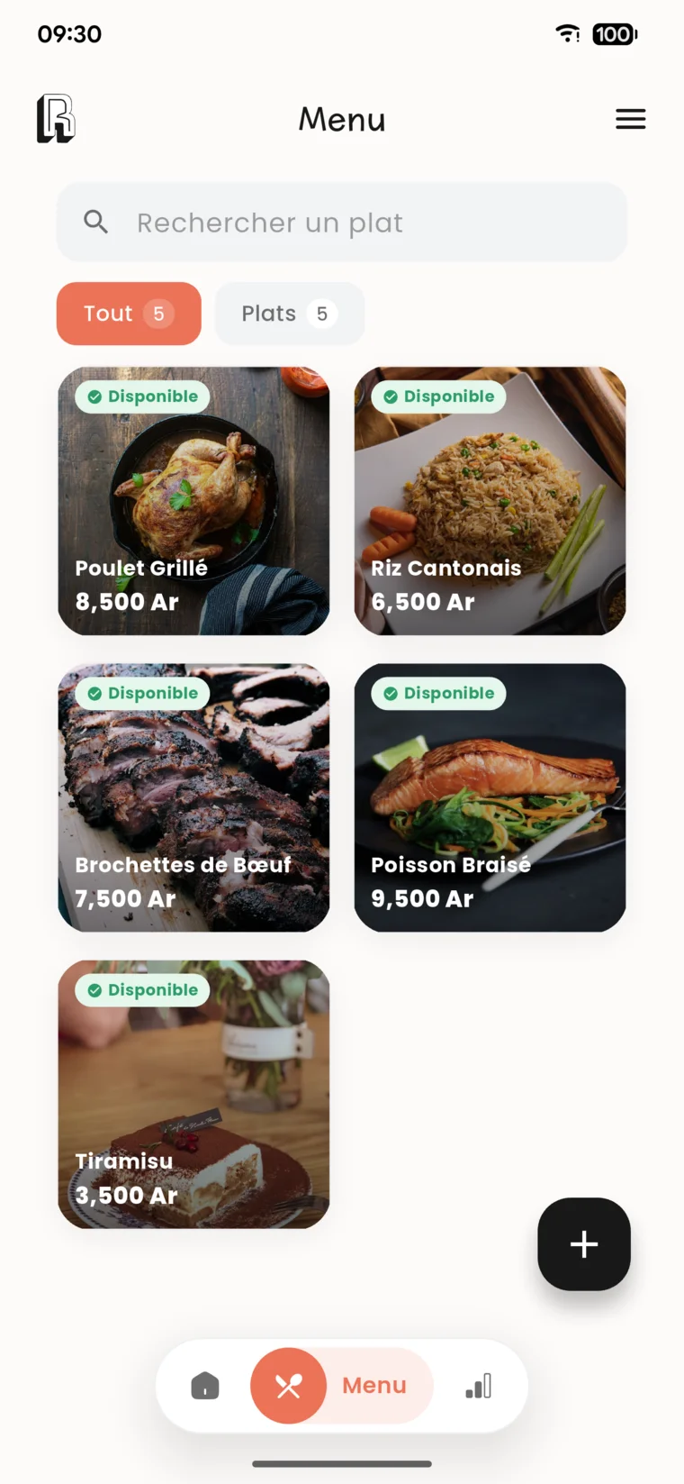 Menu Restoako avec photos des plats