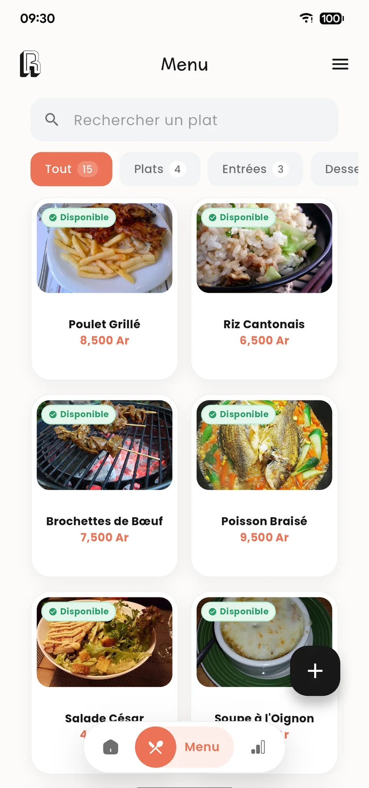 Menu Restoako avec photos des plats