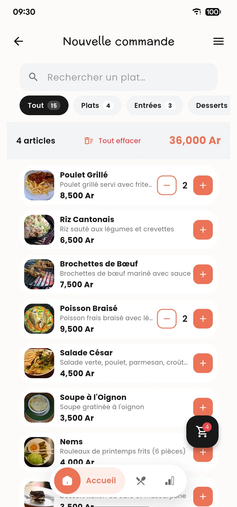 Prise de commande Restoako avec photos des plats et total en direct