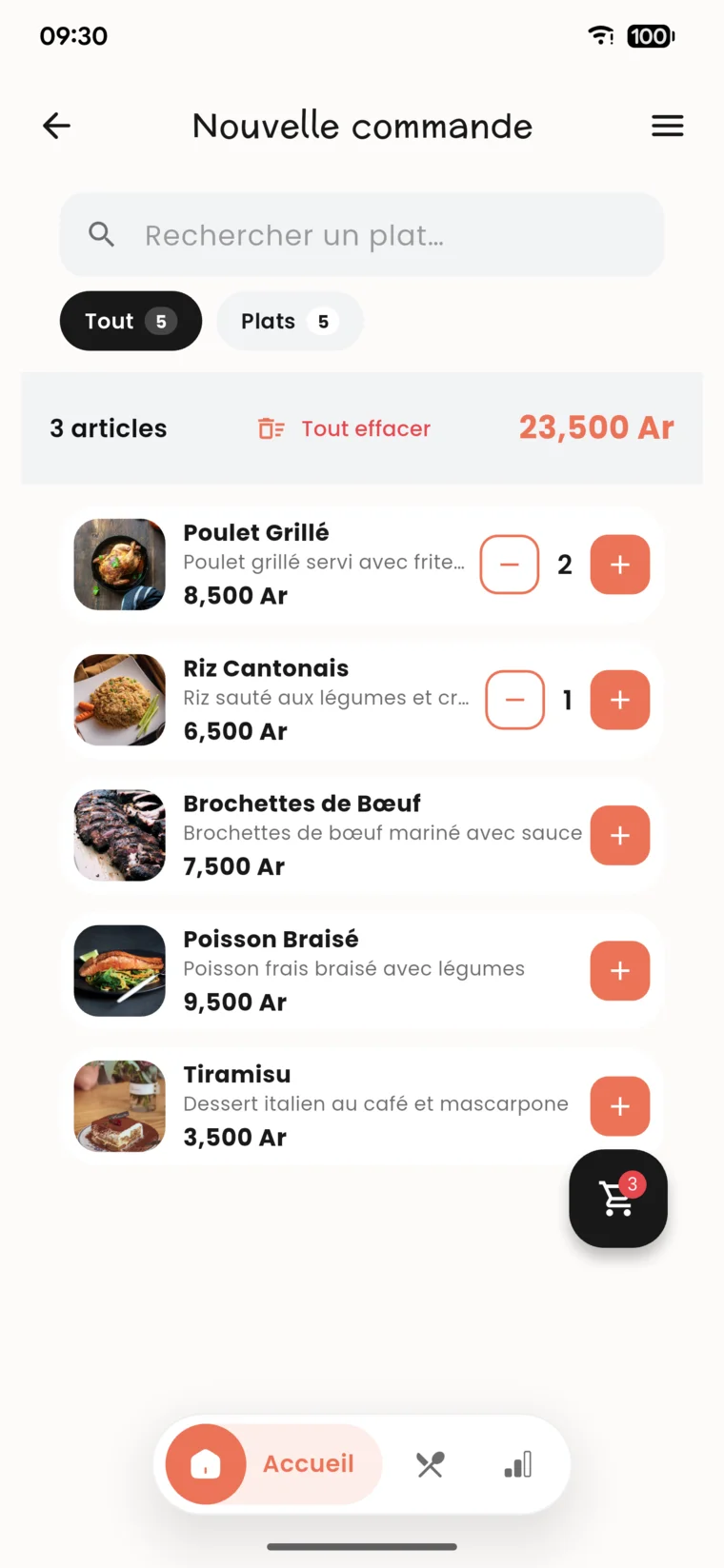 Prise de commande Restoako avec photos des plats et total en direct